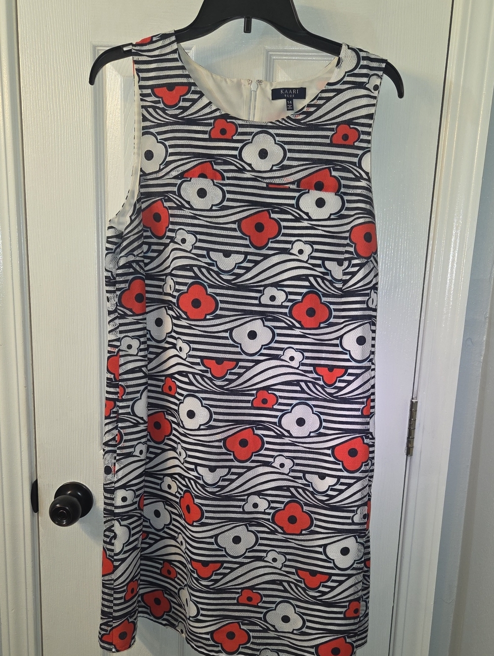 Kaari Blue Black, White & Red Floral Stripe Shift Mini Dress